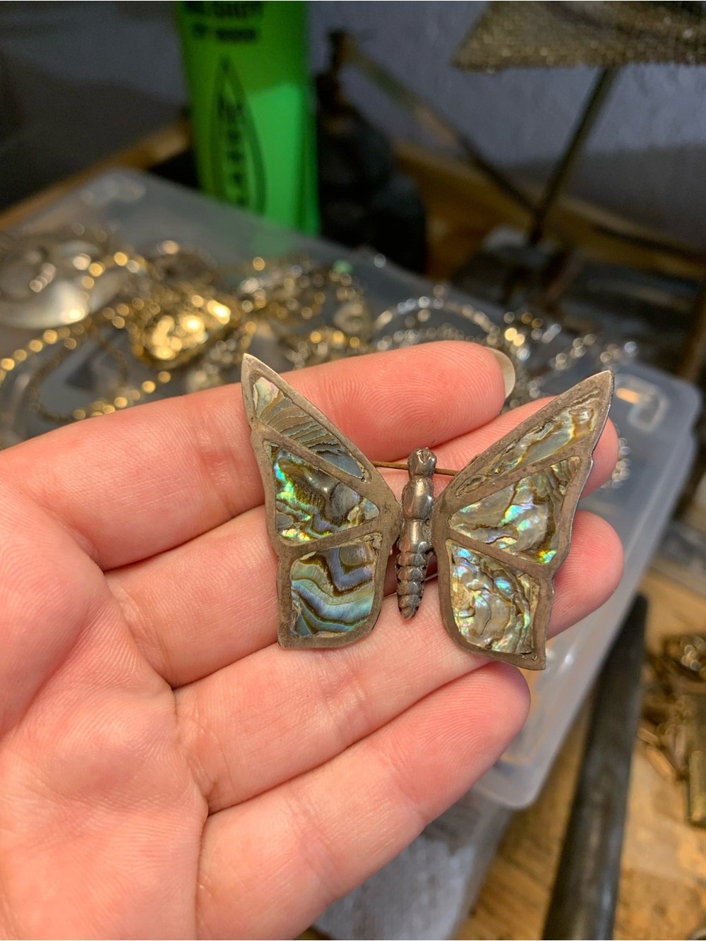 Vintage Mexican sterling silver Butterfly Abalone Shell Brooch Pin